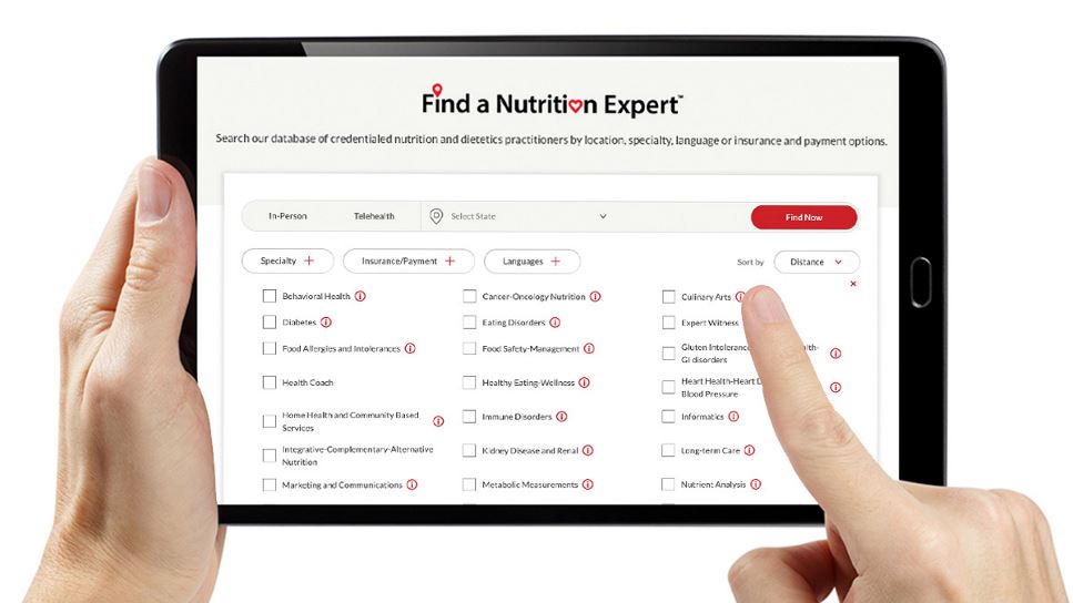 Photo of someone scrolling the Find a Nutrition Expert directory on a mobile device